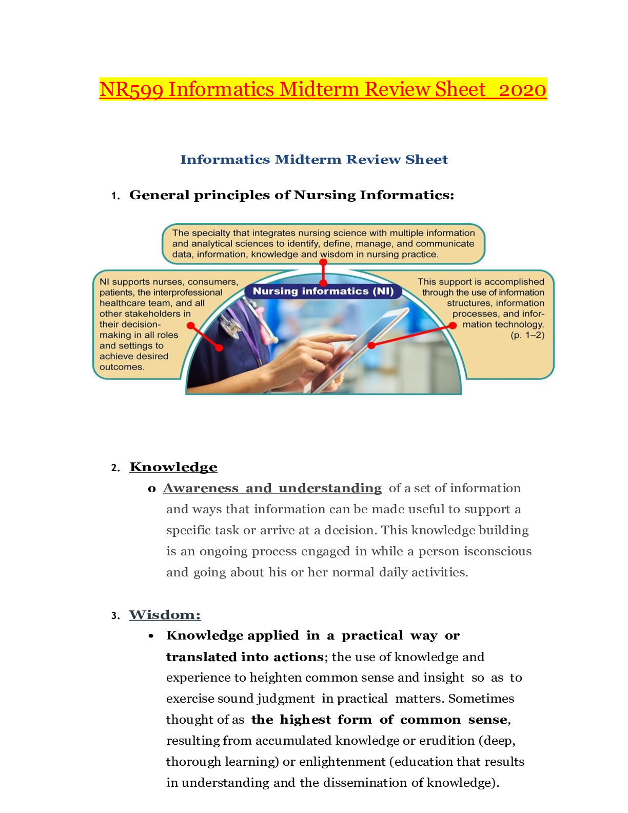 Preview image for NR599 Informatics Midterm Review Sheet_2022 / 2023 | NR 599 Informatics Midterm Review Sheet